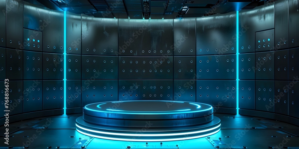 Poster futuristic cylindrical podium with interactive digital display and lighting for high tech presentati