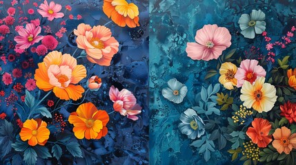 One half is a vibrant, hand-painted floral pattern, and the other half a sleek, modern graphic design, blending traditional and contemporary art styles. - obrazy, fototapety, plakaty