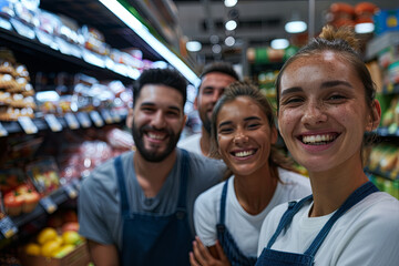 Happy team of smiling men and women staff in a supermarket
