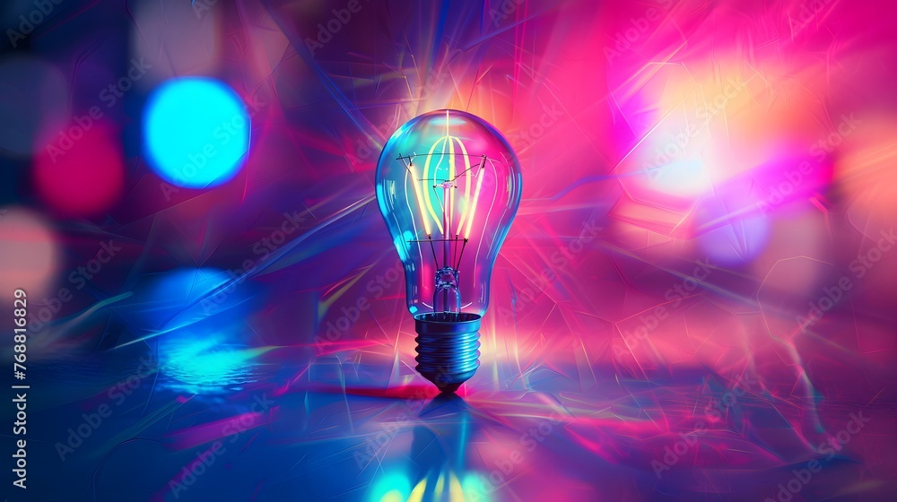 Poster a light bulb is lit up in a colorful background. the light bulb is the main focus of the image, and 