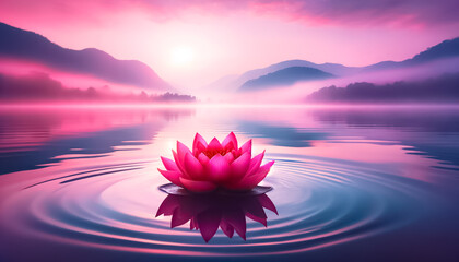 Serene Lotus Bloom at Sunrise in Mountain Lake Reflection - obrazy, fototapety, plakaty