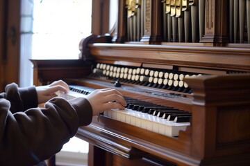 side view of person playing pipe organ - obrazy, fototapety, plakaty