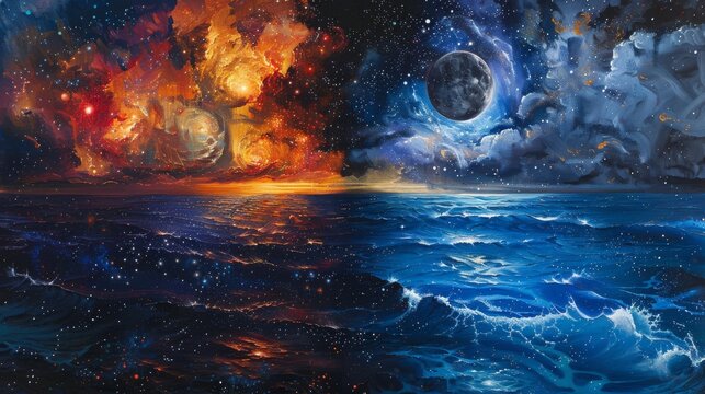 One side depicts an explosion of cosmic stars and galaxies, while the other shows the calm, deep blue of the ocean's depths, contrasting the vastness of space with the depth of the sea.
