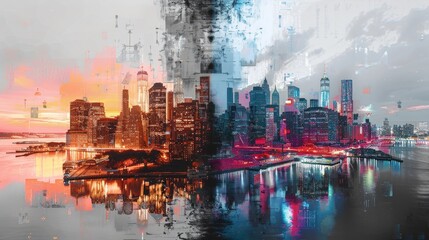 One side featuring a detailed pencil sketch of a city skyline, while the other side bursts with colorful, digital art of the same skyline at night, showing different artistic interpretations. - obrazy, fototapety, plakaty