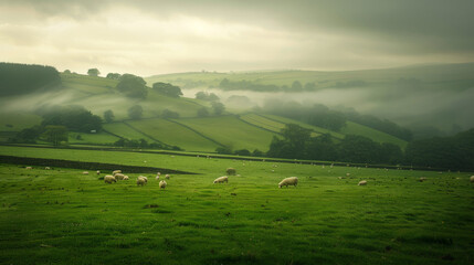 A lush, rolling hills landscape with grazing sheep enveloped by morning mist, conveying a sense of...