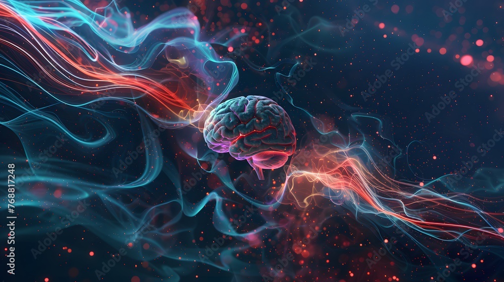 Poster a brain is shown in a colorful swirling pattern. the brain is surrounded by a stream of smoke, which