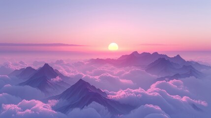 Pastel Peaks in the Clouds: dreamy scene of mountain peaks rising above the clouds, bathed in soft pastel hues of pink, lavender, and pale yellow.
