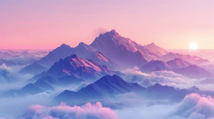 Poster Pastel Peaks in the Clouds: dreamy scene of mountain peaks rising above the clouds, bathed in soft pastel hues of pink, lavender, and pale yellow. © Warut