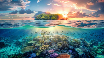 Gordijnen A shot underwater showcasing a vibrant coral reef with an island visible in the distance © Anoo