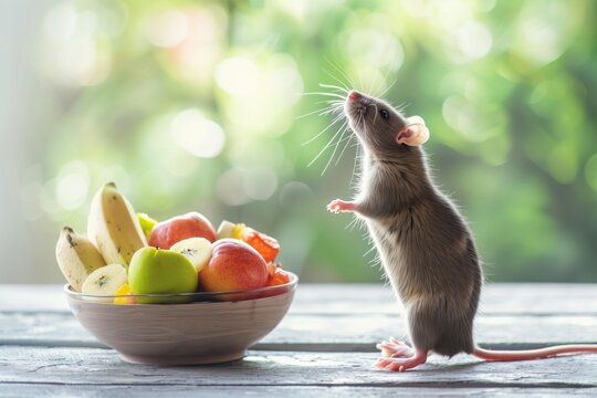 rat standing on hind legs by a fruit bowl