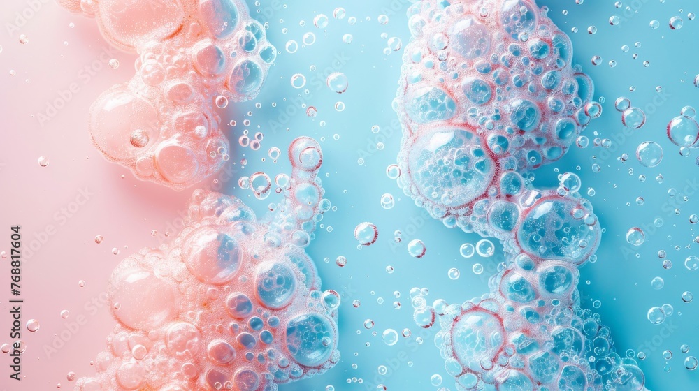 Poster minimalist canvas divided horizontally between soft coral and aqua, accented by clusters of iridesce