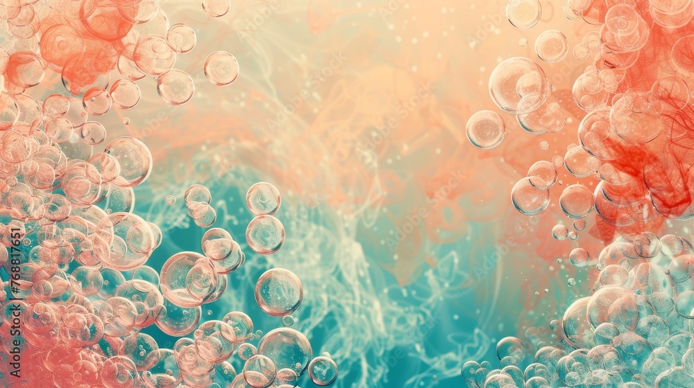 Poster minimalist canvas divided horizontally between soft coral and aqua, accented by clusters of iridesce