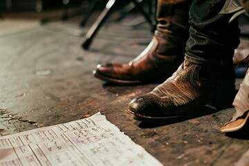 close up on setlist, stage floor, boots beside