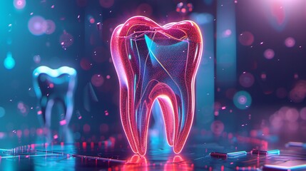a cutting-edge healthcare illustration showcasing dental technology: A holographic tooth illustration highlighting modern dentistry advancements