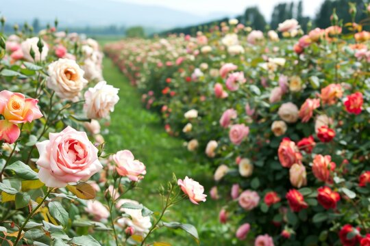 rows of rose bushes in various stages of bloom outdoors