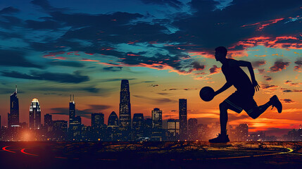 A basketball player against the silhouette of a city skyline at dusk or dawn, with the player dribbling or holding the ball