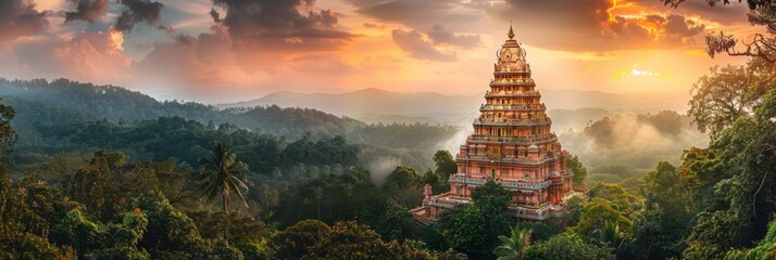 Majestic Hindu temple with jungle and mountains in the background, banner - obrazy, fototapety, plakaty