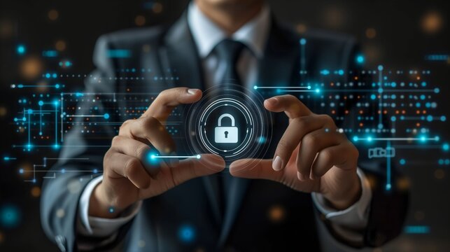 businessman holding the lock button on virtual screens. Internet connection, VPN, data privacy concept.