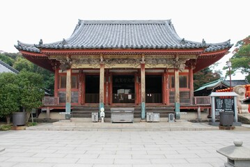 the front view of a large building with several pillars and doors