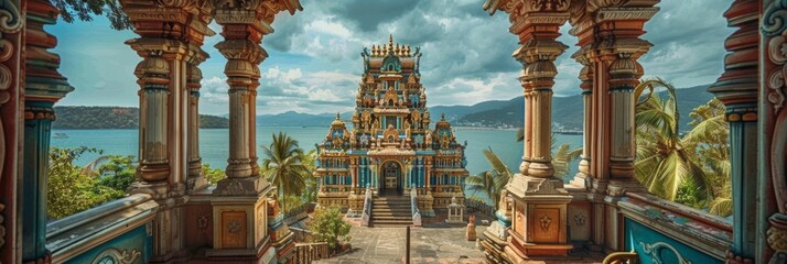Majestic Hindu temple with jungle and mountains in the background, banner