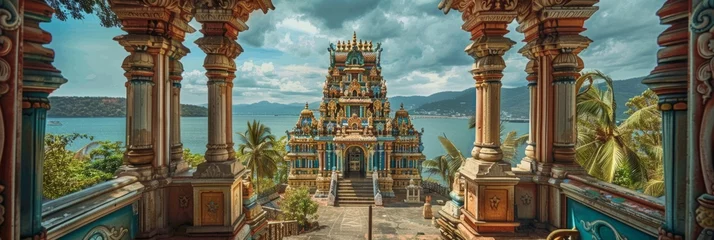 Afwasbaar Fotobehang Oud gebouw Majestic Hindu temple with jungle and mountains in the background, banner