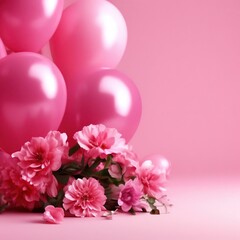 balloons and flowers on pink background.