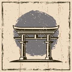 Japanese torii gate vector illustration in vintage style on background with grunge textures
