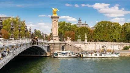 Fototapete Pont Alexandre III Paris, the Alexandre III bridge on the Seine, with houseboats on the river