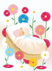 composition with a sleeping baby surrounded by colorful flowers