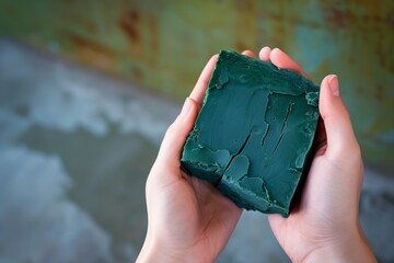 hands holding a spirulinainfused vegan cheese block