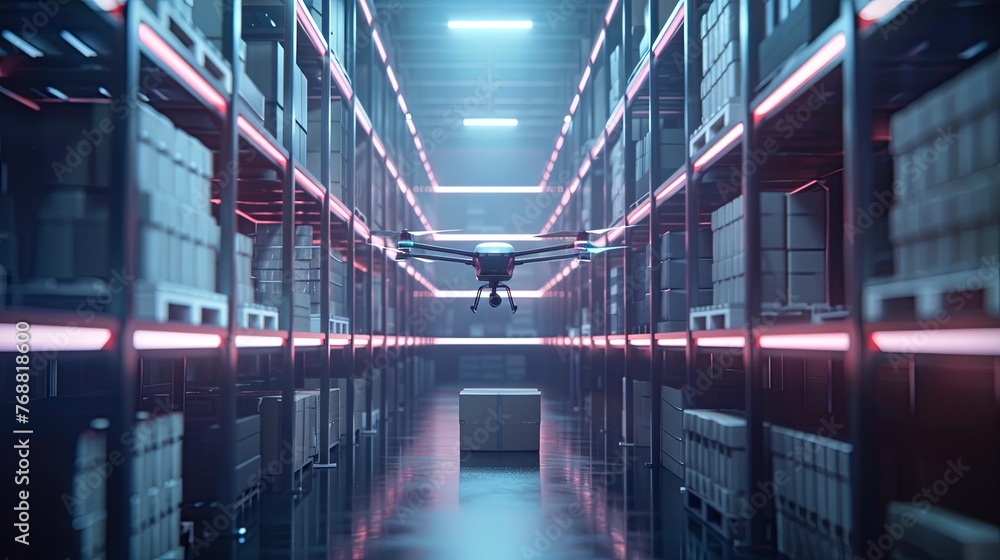 Poster an autonomous drone with advanced navigation capabilities is flying through the narrow aisles of a f