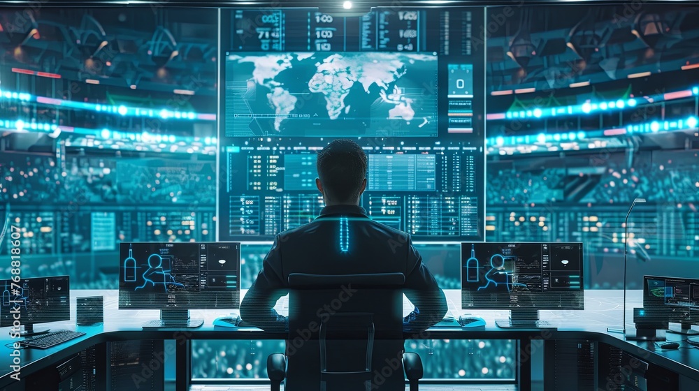 Poster a cybersecurity professional is seen from behind, intently monitoring worldwide data from an advance