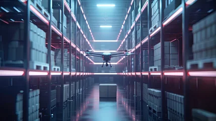 Fototapeten An autonomous drone with advanced navigation capabilities is flying through the narrow aisles of a futuristic, high-tech warehouse with LED lighting.  Autonomous Drone Navigating in a High-Tech Wareho © M