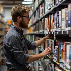 Bookstore employee rapidly updating shelves with bestsellers