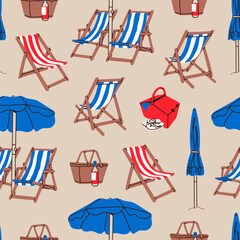 Summer beach set. Beach chairs, wooden deck chair, sun umbrella, picnic basket, sunbed. Hand drawn Vector illustration. Square seamless Pattern. Background, wallpaper. Vacation, relax, holiday concept - obrazy, fototapety, plakaty