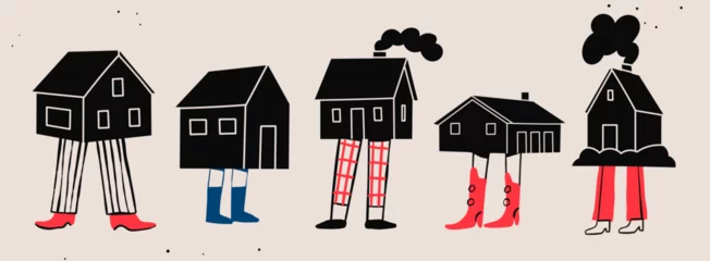 Gardinen Various black small and tiny Houses. House with human legs. Different pants and shoes. Cartoon comic style. Hand drawn Vector illustration. Isolated design elements. Icon, logo, print, design template © Dariia