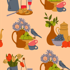 Classical still life pictures set. Flowers in vase, fruits on plate, bottle with drink. Hand drawn colorful Vector illustration. Square seamless Pattern, background, wallpaper
