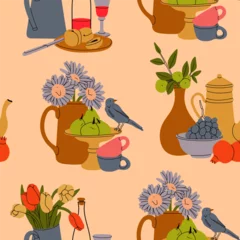 Foto op Aluminium Classical still life pictures set. Flowers in vase, fruits on plate, bottle with drink. Hand drawn colorful Vector illustration. Square seamless Pattern, background, wallpaper © Dariia