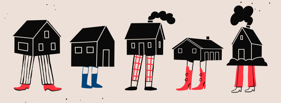 Various black small and tiny Houses. House with human legs. Different pants and shoes. Cartoon comic style. Hand drawn Vector illustration. Isolated design elements. Icon, logo, print, design template