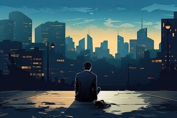 frustrated business man on city background illustration - obrazy, fototapety, plakaty