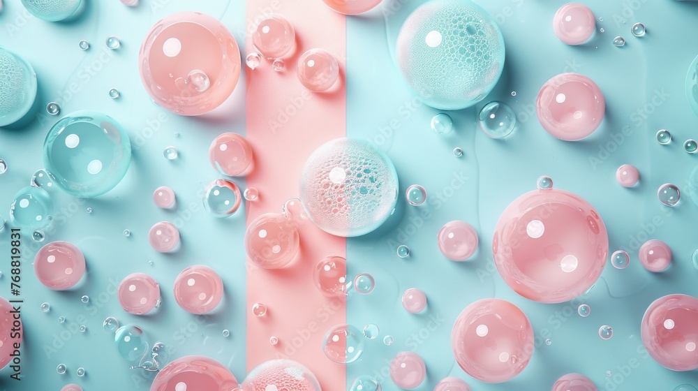 Poster serene backdrop with a vertical split in pastel turquoise and blush pink, adorned with dreamy bubble