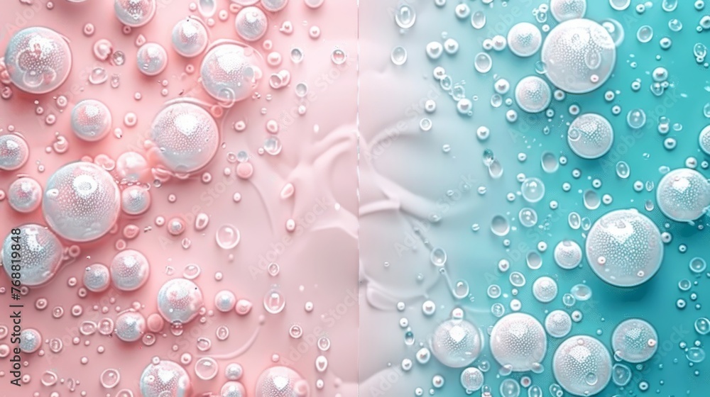 Poster serene backdrop with a vertical split in pastel turquoise and blush pink, adorned with dreamy bubble