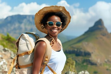 Happy young african american tourist woman wearing beach hat, sunglasses and backpacks going to travel on holidays on mountains background