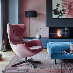 Pink chair and blue sofa in room with fireplace. Scandinavian home interior design. 3d render.