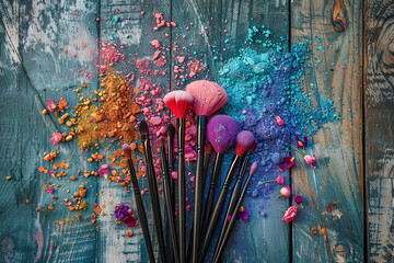 Makeup brushes with colorful powder explosion on wooden background
