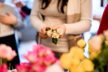 Female hands of a florist hold three beige roses