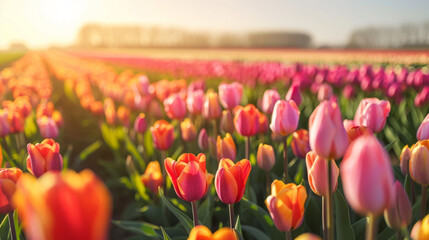 A scenic view of delicate tulips gently illuminated by the warm glow of a setting sun in a vast field