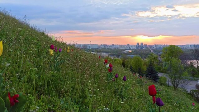 Sunrise view of Kyiv from the right bank of the Dnipro river