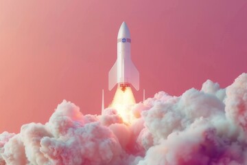3D image showing a space rocket launch. It symbolizes the launch of a new product or service through the technology development process.