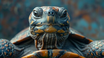 Obraz premium Serene Turtle as a Yoga Instructor: A turtle in a yoga pose, with a peaceful expression, against a serene blue background.